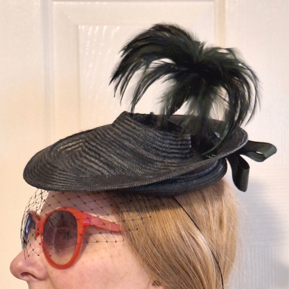Black/Deep Green Straw, Lace & Feather Hat
